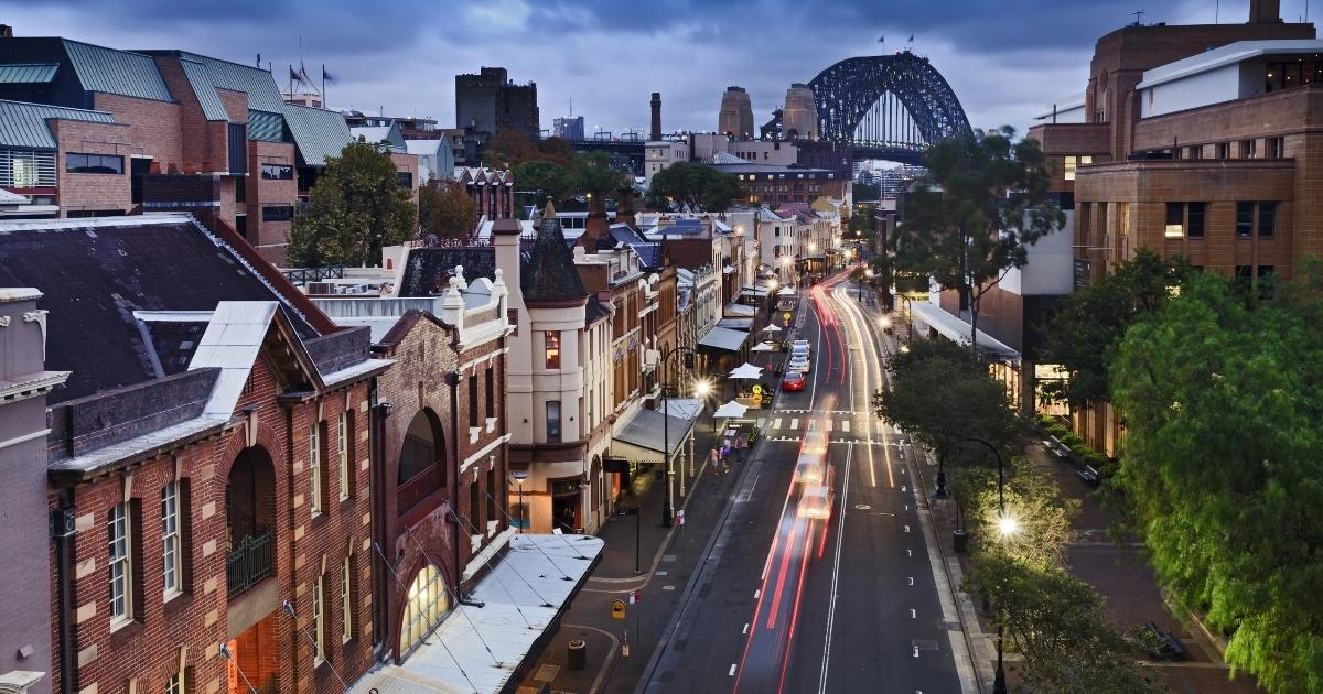 Elevated view of a historic Sydney street at dusk