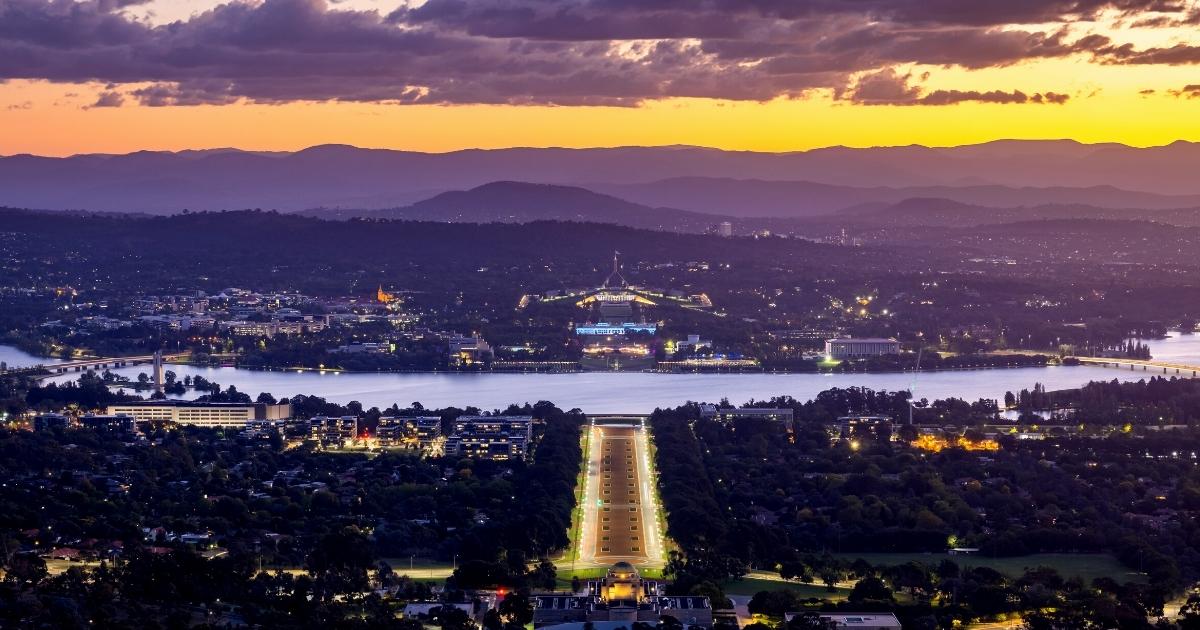 Panoramic twilight view of Canberra, Australia