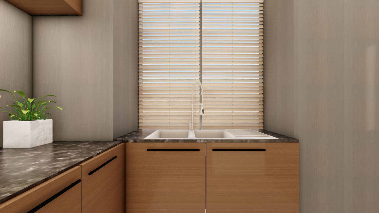 A front-facing, wide shot of a modern kitchen sink area featuring light wood cabinets and a window with matching light wood venetian blinds.