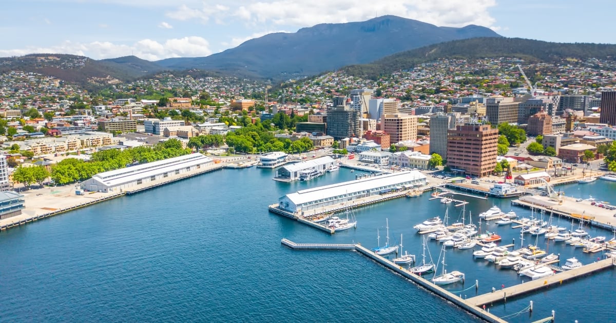 An aerial view of the waterfront in Hobart, Tasmania