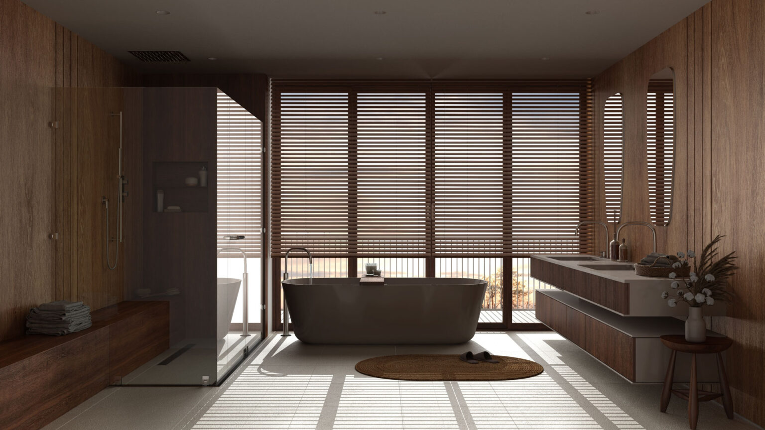 a floor-to-ceiling window covered with dark wood venetian blinds.