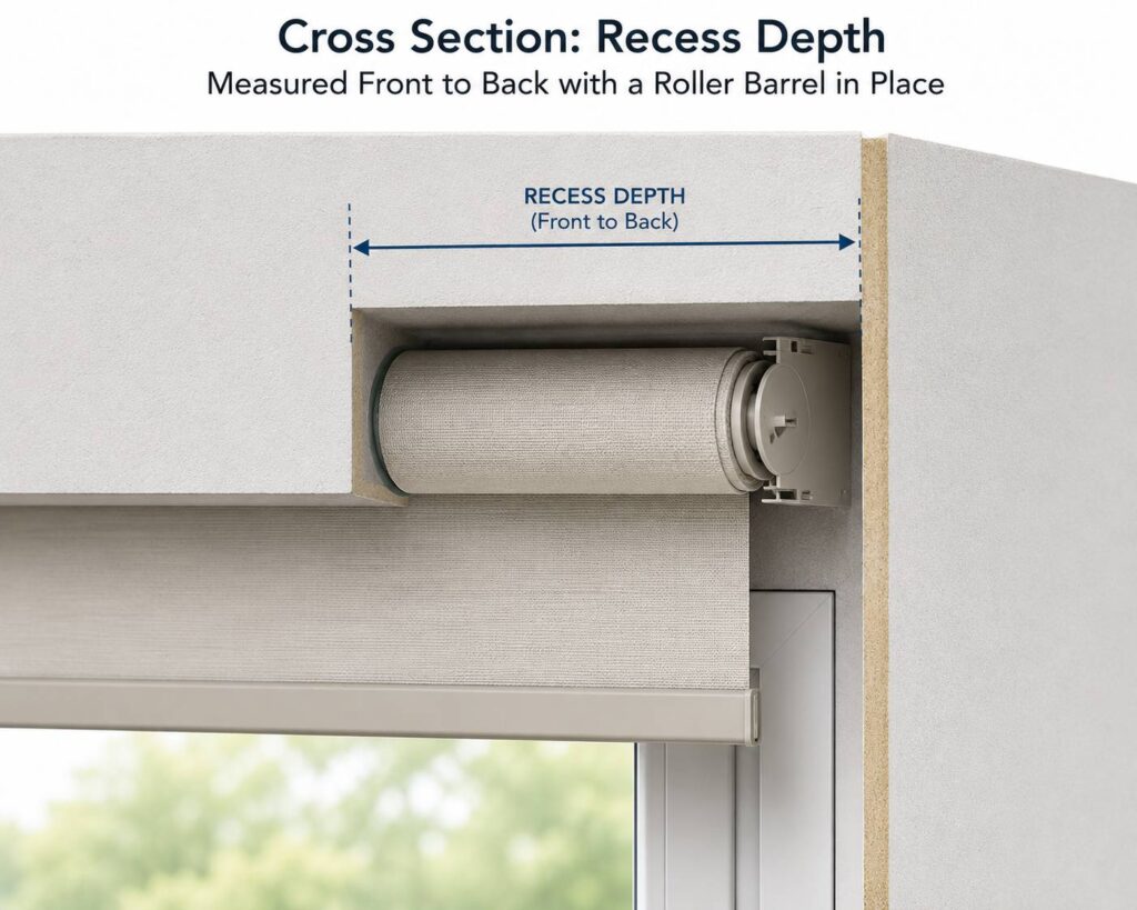 Cross section of a window recess showing the depth required to fit a roller blind barrel and bracket