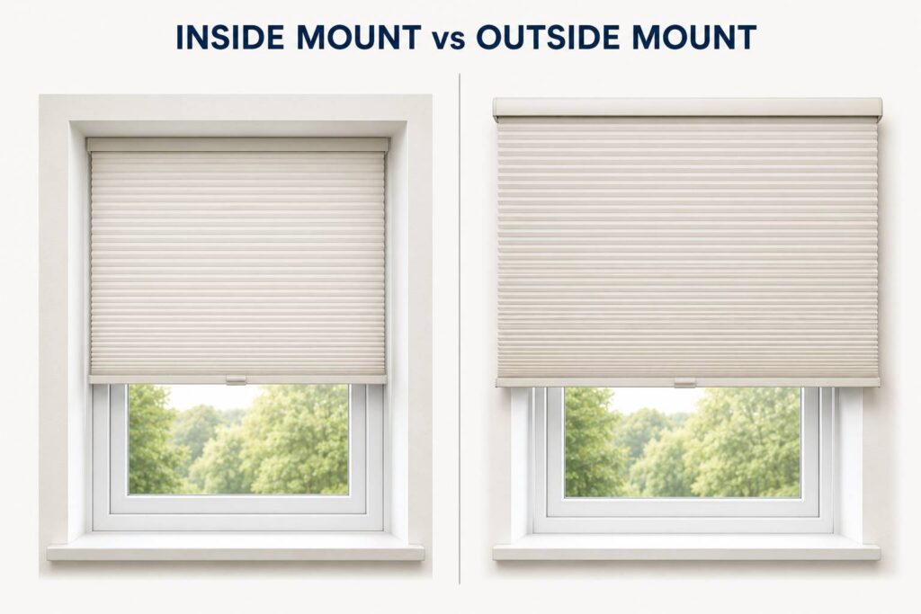 Diagram comparing an inside mount blind sitting inside the window recess with an outside mount blind fixed above the frame