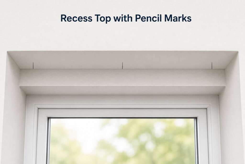 Pencil marks for blind bracket positions set in from each end of the window recess with a centre bracket mark
