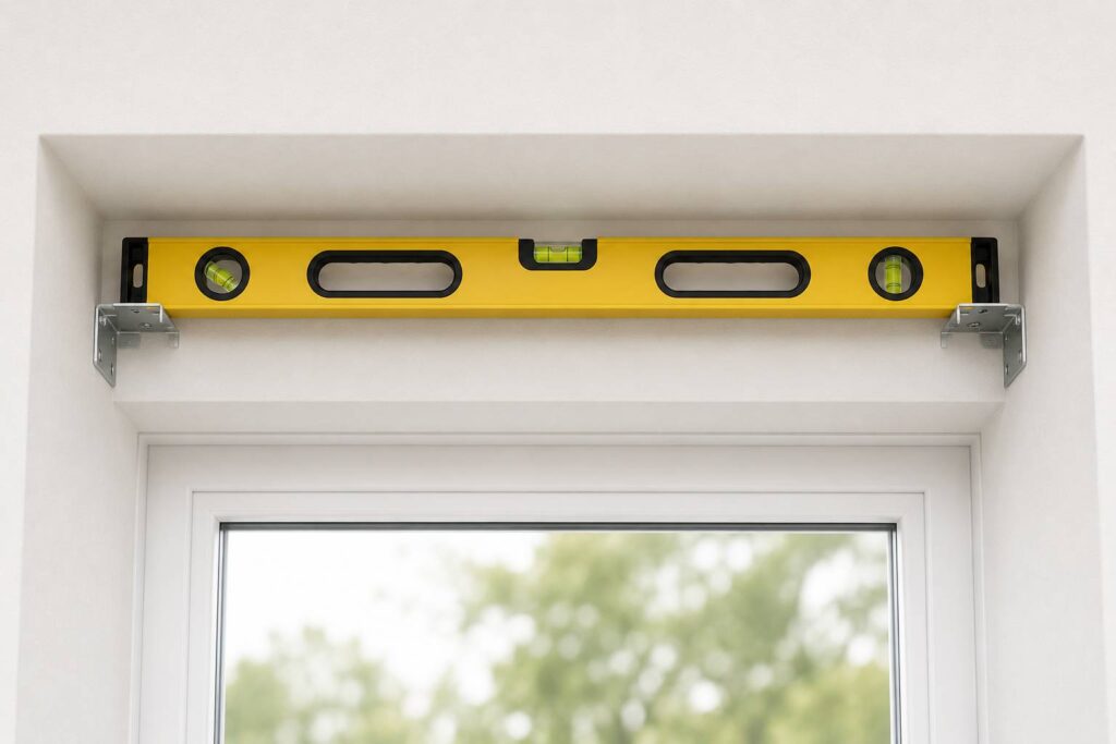 Spirit level placed across two mounting brackets to check they sit level before the headrail is fitted