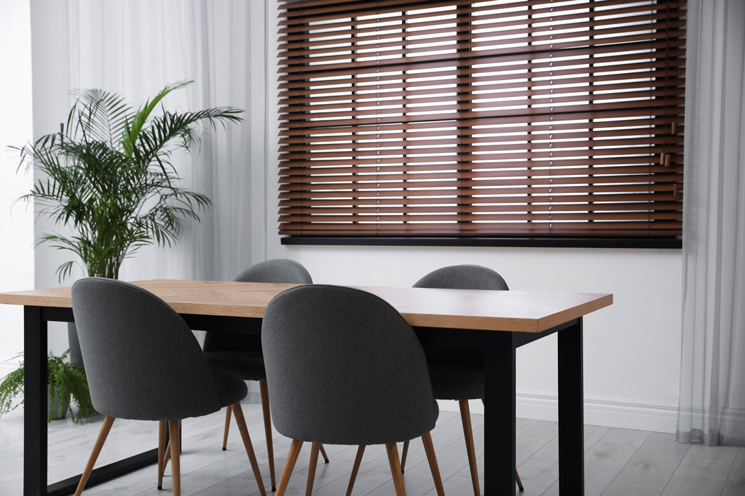 Modern empty wooden table in room interior
