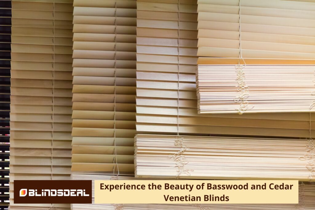 A display of several natural-toned wooden venetian blinds stacked and layered