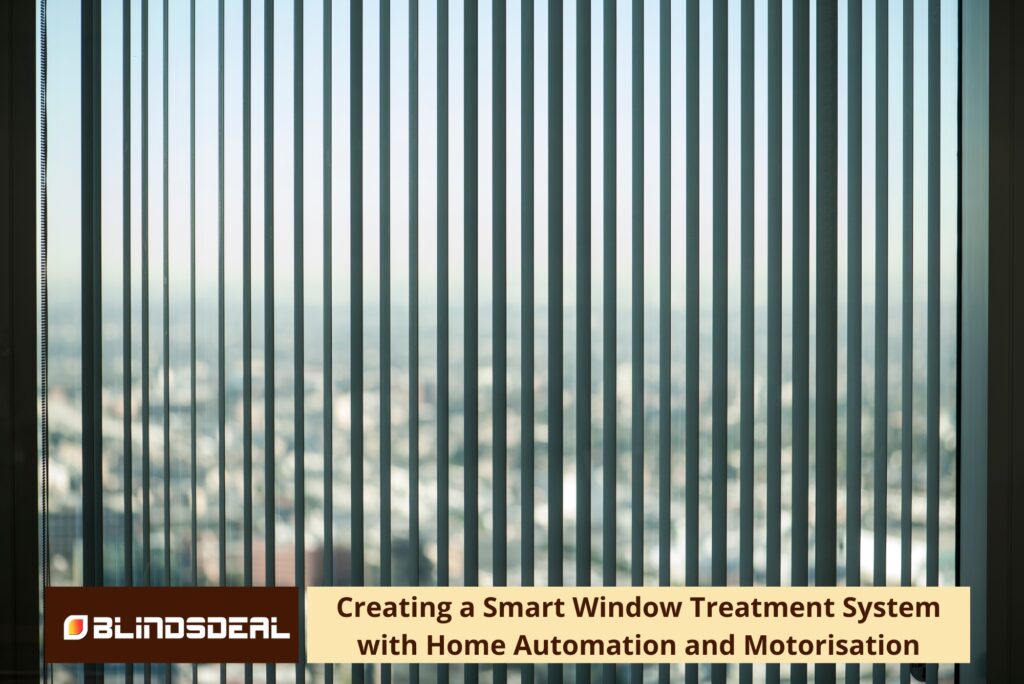 A view through closed vertical blinds looking out over a blurred city skyline.