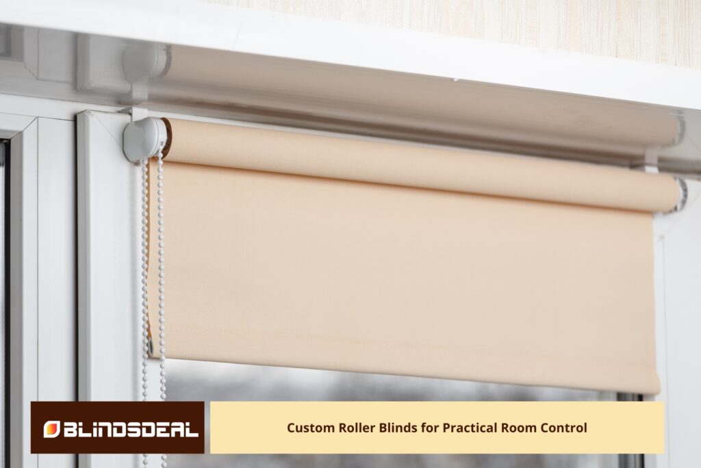A close-up, slightly angled view of a beige roller blind installed on a white window frame