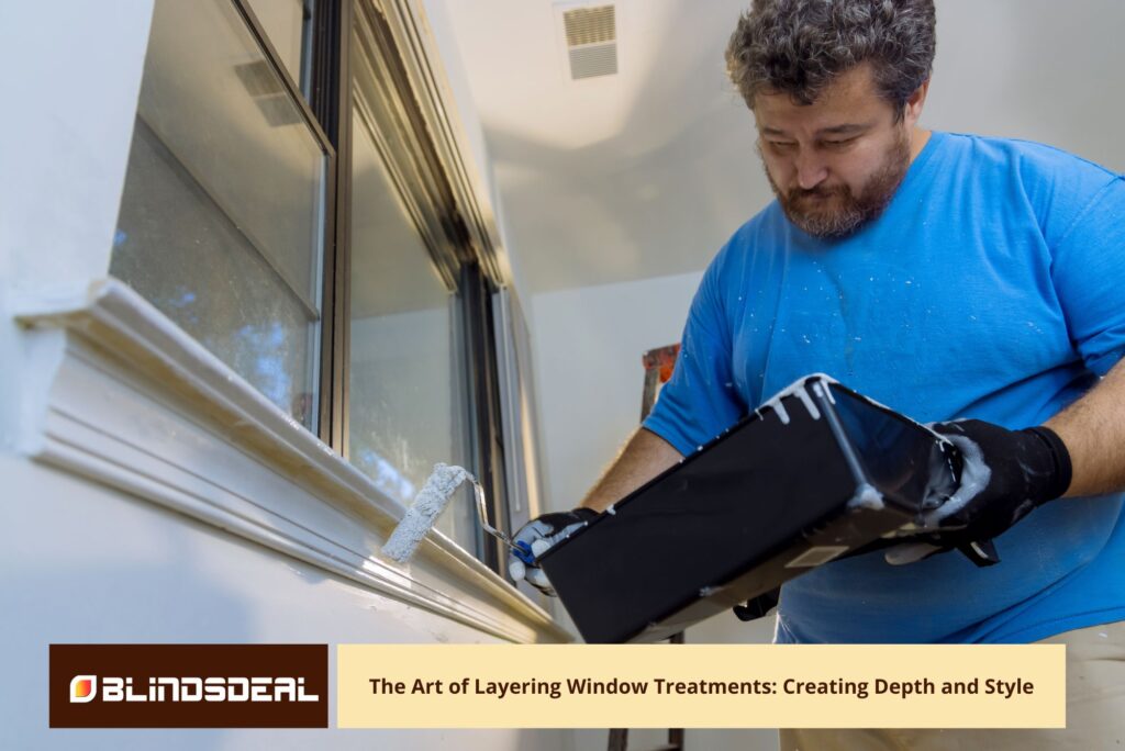 A man in a blue t-shirt uses a small roller to paint a white window ledge while holding a black paint tray.