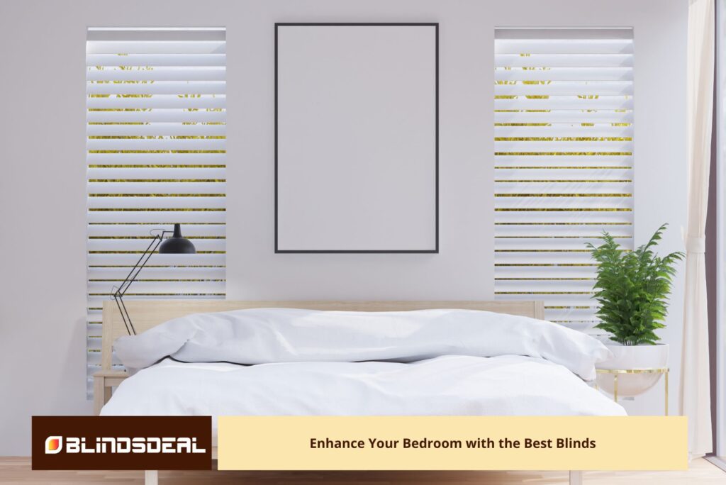 A bright, minimalist bedroom featuring a bed with white linens, flanked by two narrow windows with white horizontal blinds