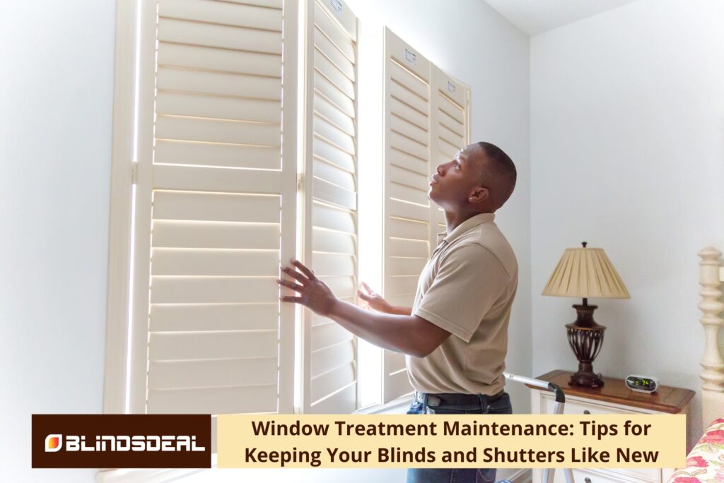 A man inspects white plantation shutters in a bedroom