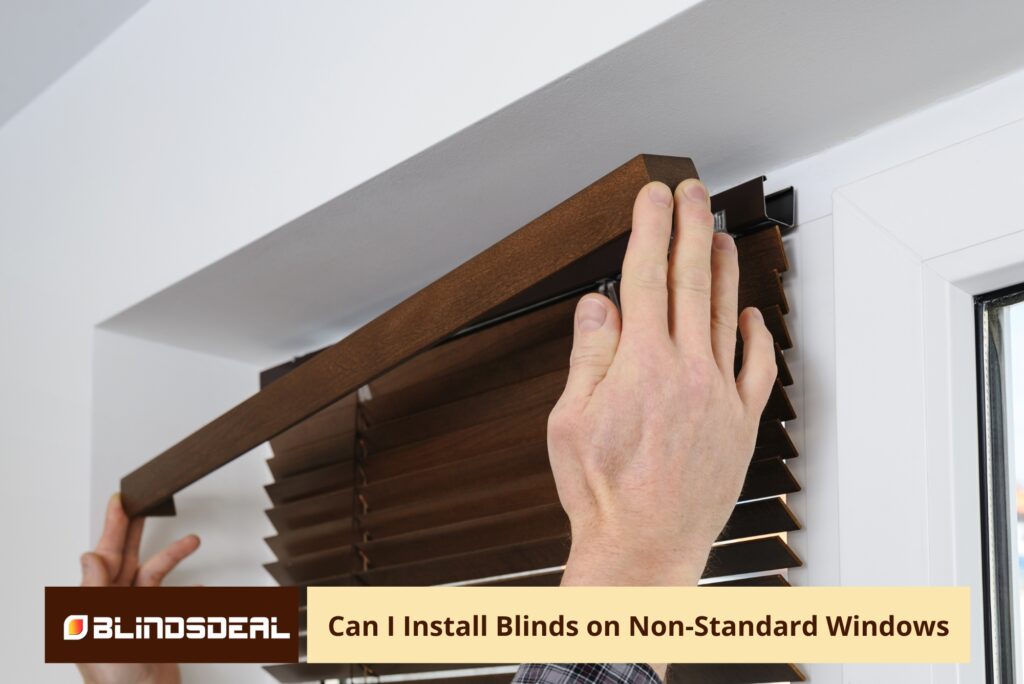A close-up view of hands fitting a dark wood valance onto the headrail of matching wooden horizontal blinds