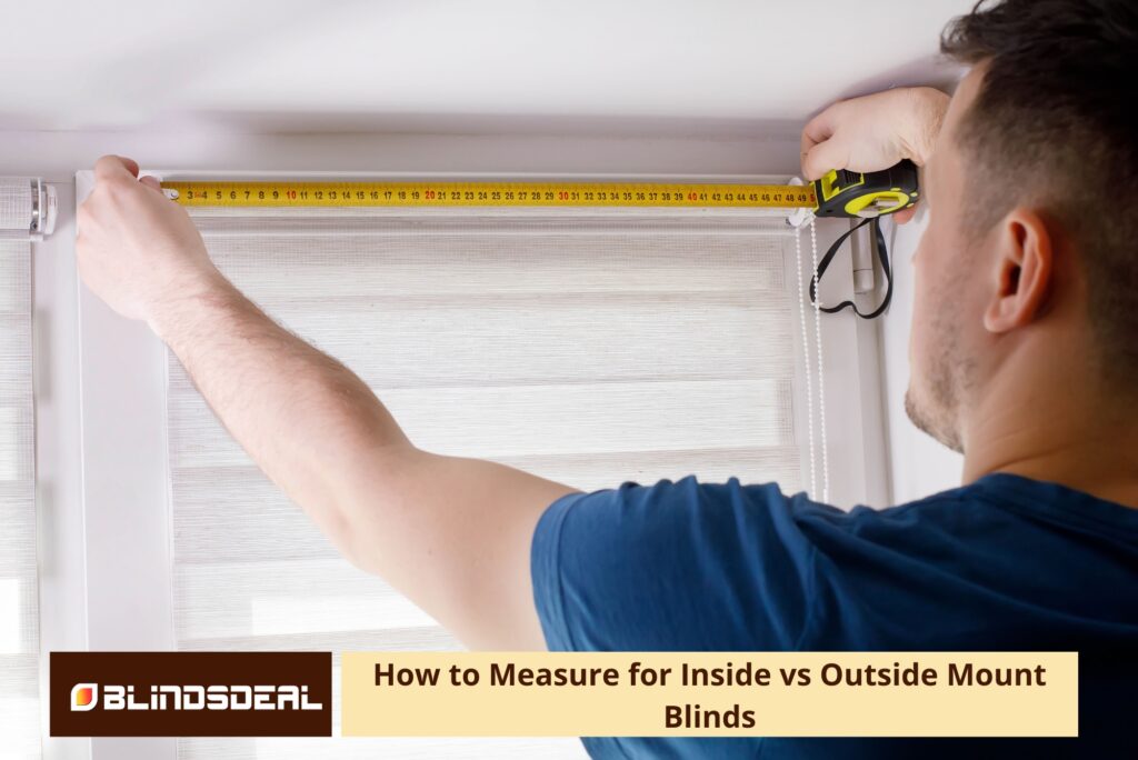 A high-angle view of a man using a yellow measuring tape to determine the width of a window frame