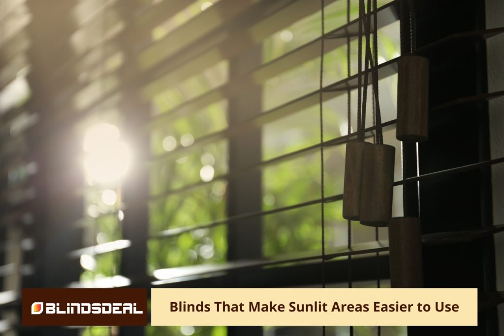 Sunlight streaming through dark horizontal blinds with wooden pulls