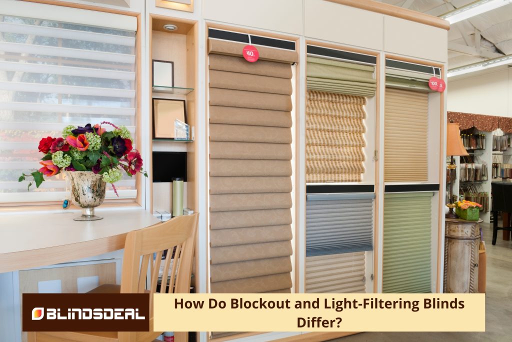 A showroom display featuring various window treatments including Roman, honeycomb, and roller blinds