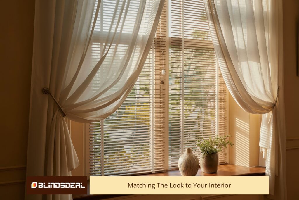 Light wood venetian blinds paired with elegant, cream-coloured sheer curtains