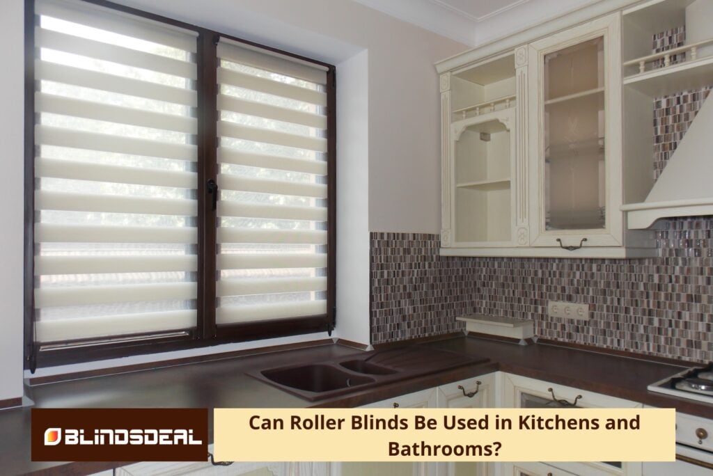Modern kitchen interior featuring white zebra-style roller blinds installed on a dark wood window frame above a brown sink and countertop.