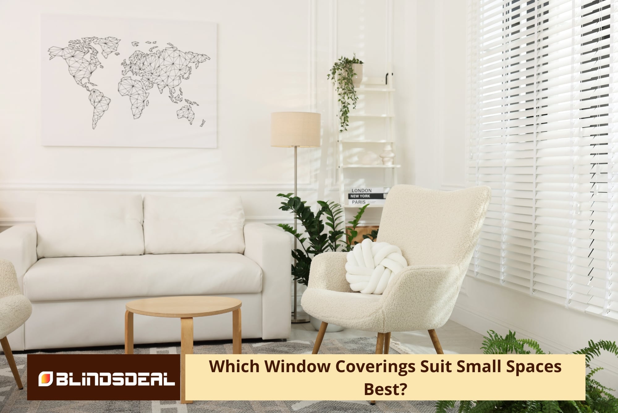 Brightly lit, minimalist living room featuring white Venetian blinds on the windows