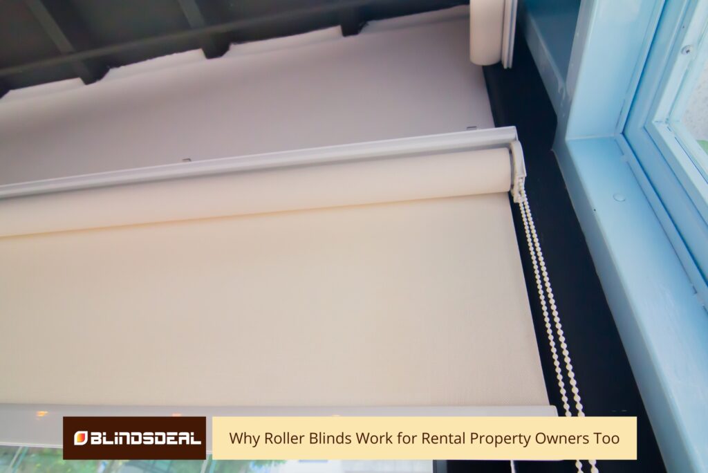 Close-up of durable white roller blind mechanism and pull chain suitable for rental properties.