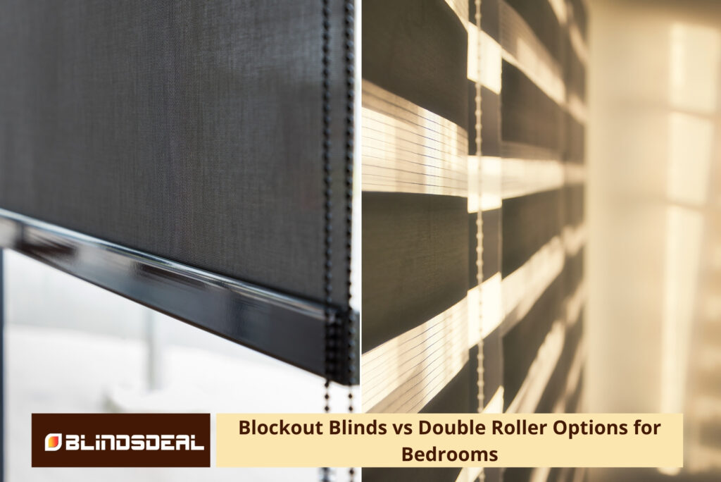 Split image comparing a solid dark blockout blind with zebra dual roller blinds