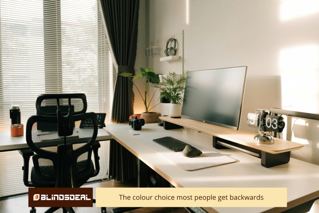 A modern desk setup in a sunlit room featuring an ergonomic office chair, computer monitor on a wooden shelf, white blinds, and dark grey curtains